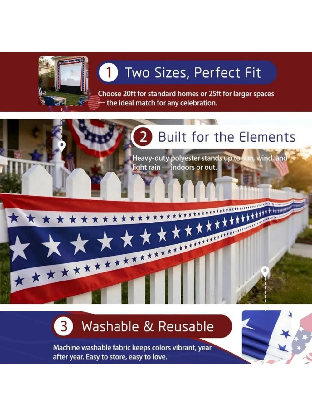 Patriotic USA Bunting Flag - 4th of July Red White Blue Decor for Independence
